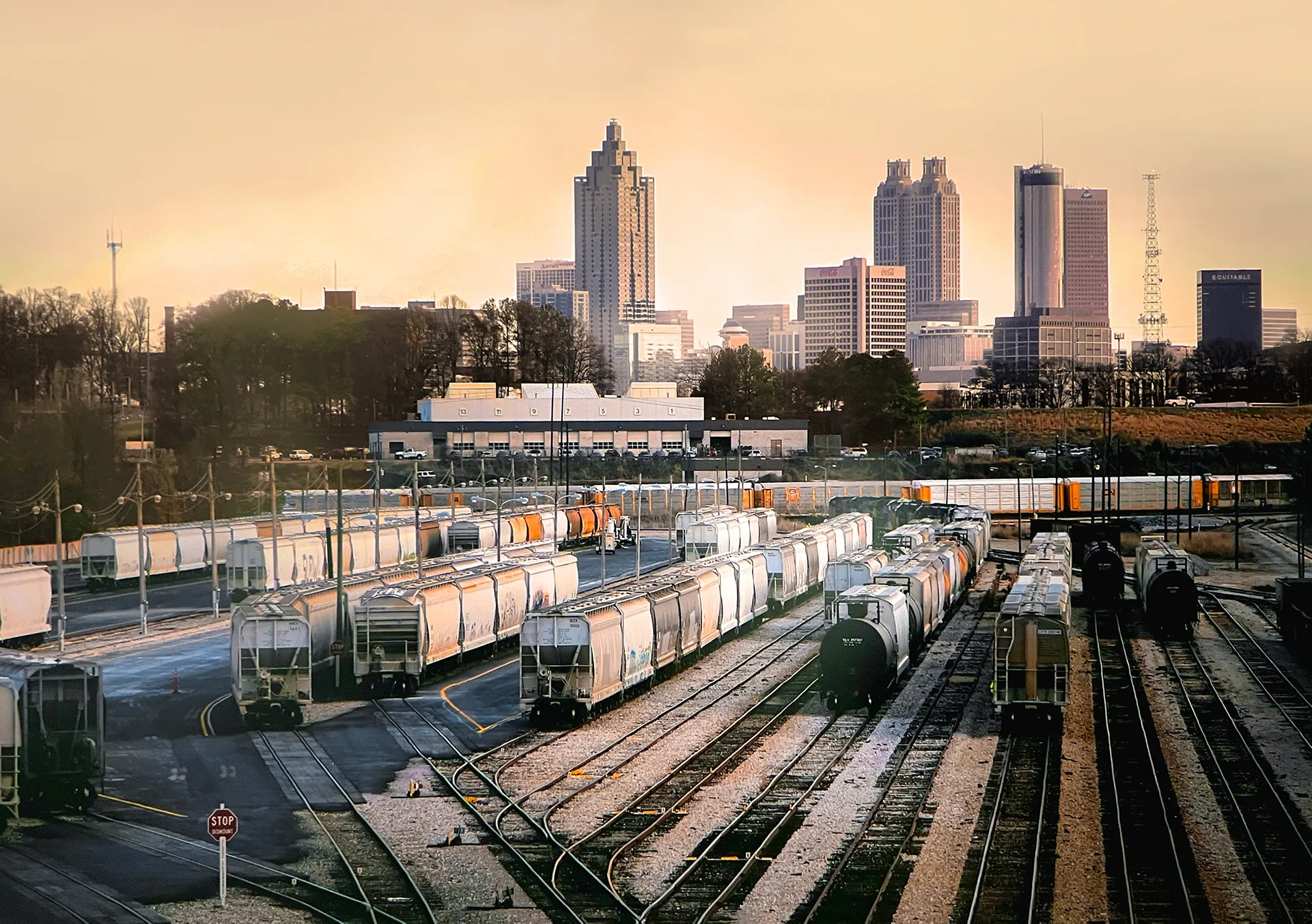 Trainyard with skyline in the background